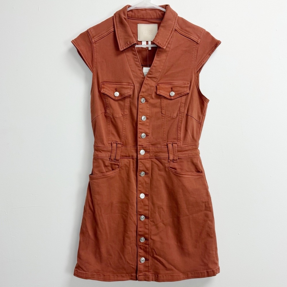 Paige Dress Womens 4 Clay Sunset Jaxsyn Mini Denim Cap Sleeve Button Up NWT